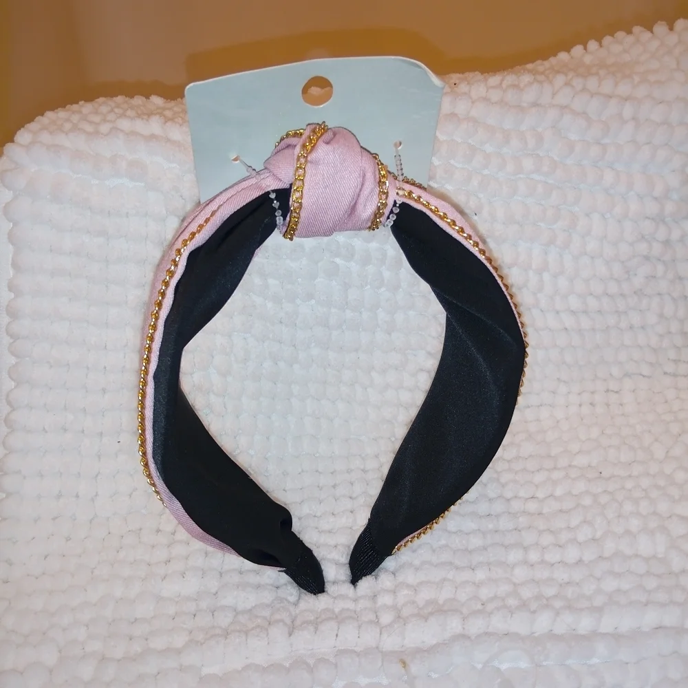 Stylish Denim/ Pink Wide Knot Headband with Gold Chain